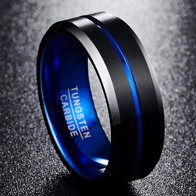 NUNCAD Black Matte Finish Tungsten Rings for Men Women with Blue Grooved Center Polished Beveled Edges 8mm Men Wedding Rings Comfort Fit Size 15 - Image 2